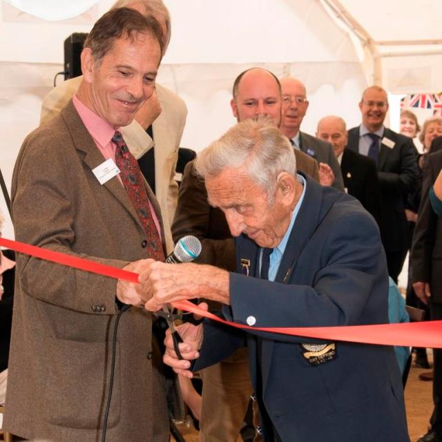 Honorary DAHG President Albert Shorrock (right) cuts the ribbon to open the RAF Defford Museum, with Lord Flight (left). Credit: Stewart Bourne